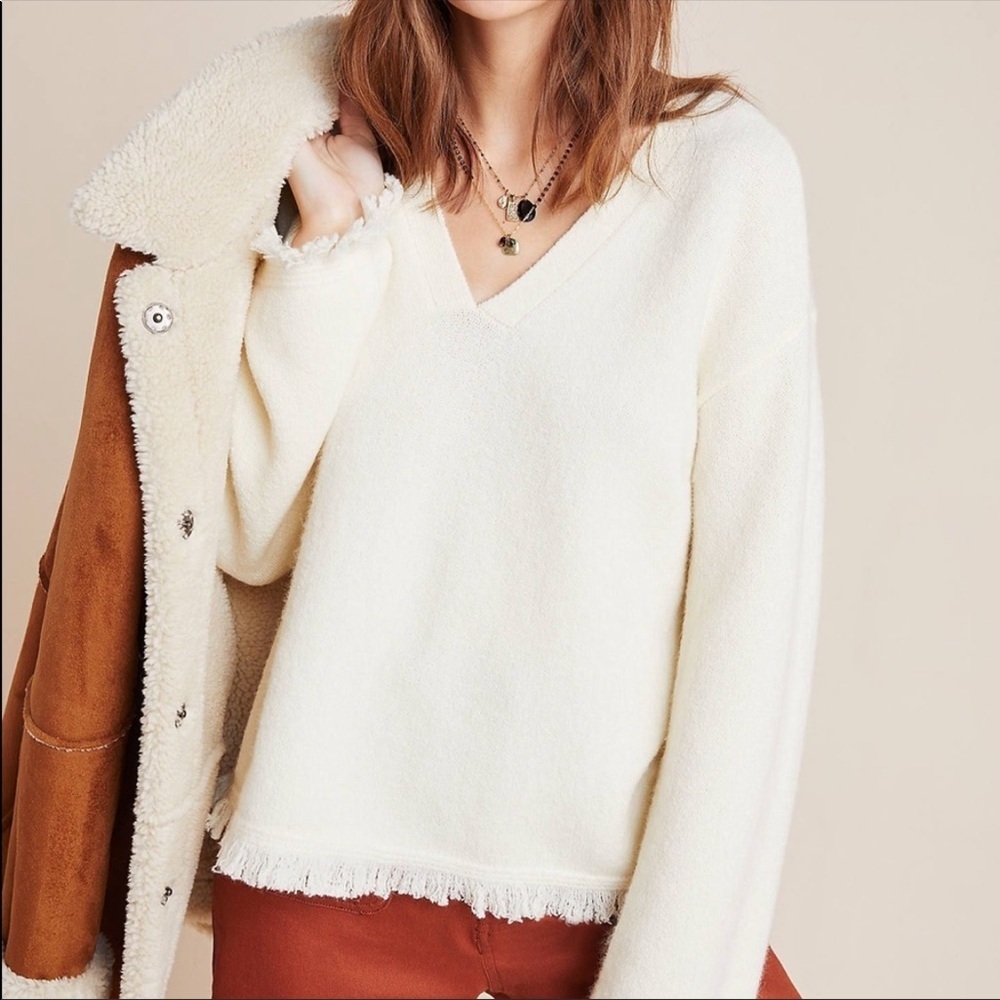 Anthropology Joy Fringed V-Neck Sweater